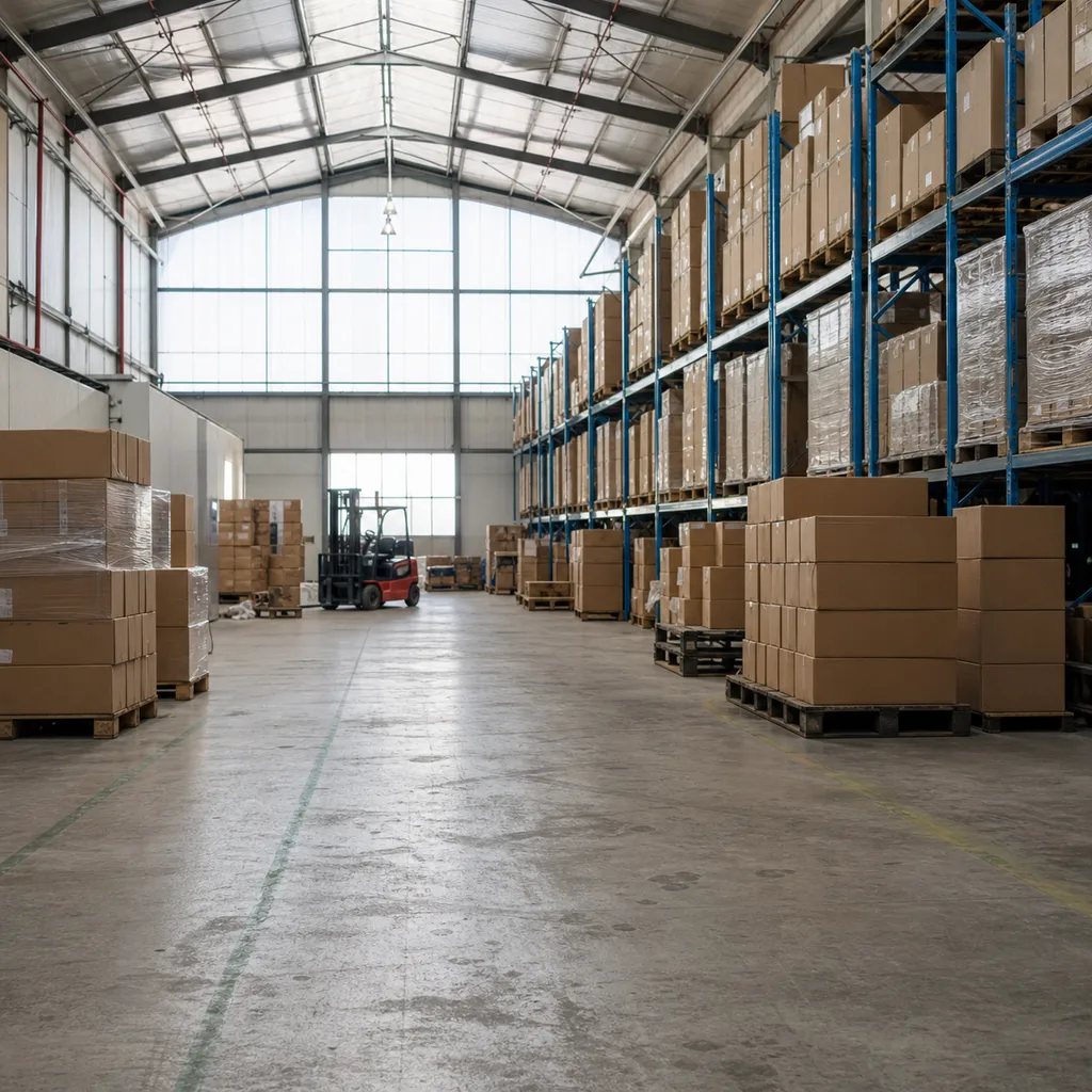 Wide view of a supply warehouse floor with pallet racking and stacked apparel cartons under industrial lighting