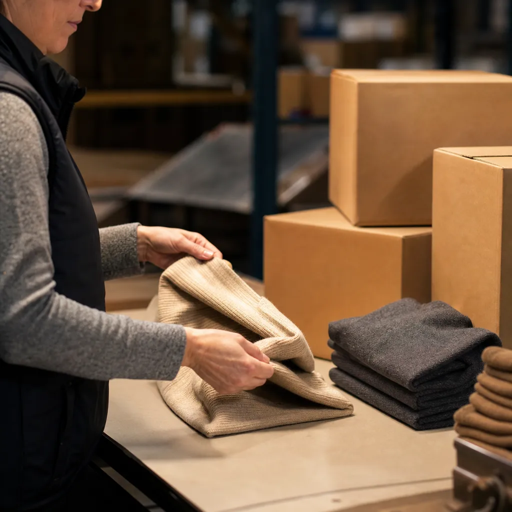 Close-up of folded fabric swatches and a boot sole being inspected by hand on a wooden grading table