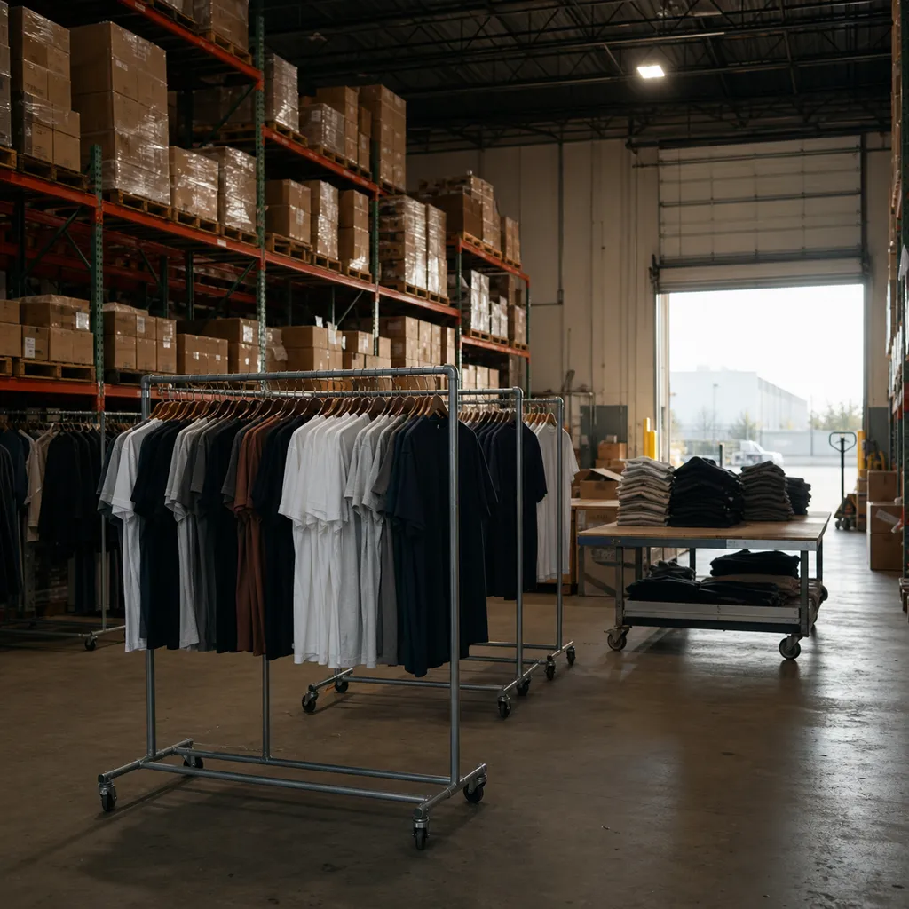 Hands taping and labeling a shipping carton at a packing station surrounded by folded garments