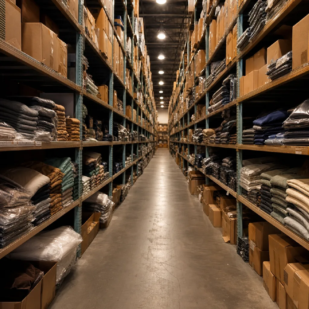 A long aisle of shelving stacked with boxed apparel in a supply warehouse